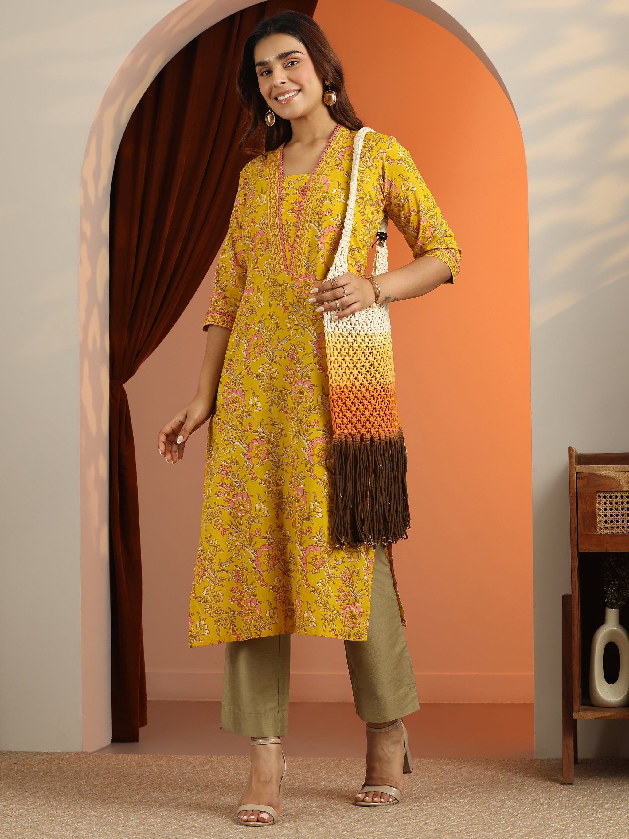Libas Mustard Printed Cotton Straight Kurta