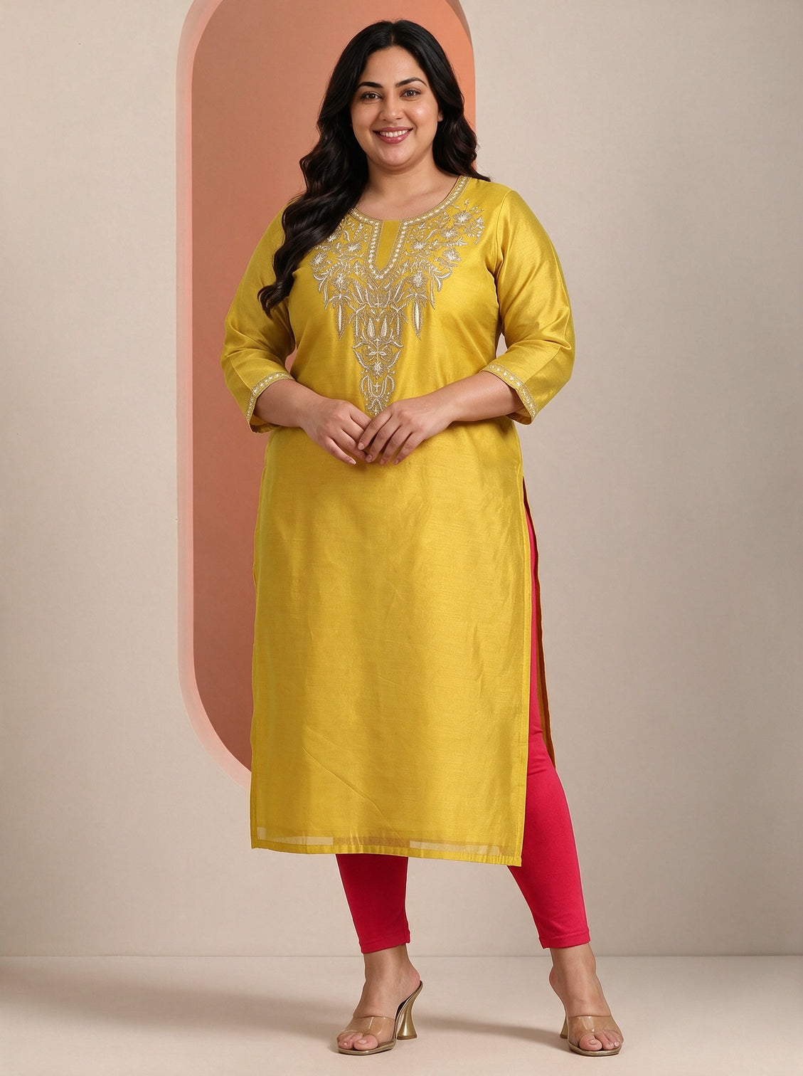 Plus Size Mustard Embroidered Silk Blend Straight Kurta