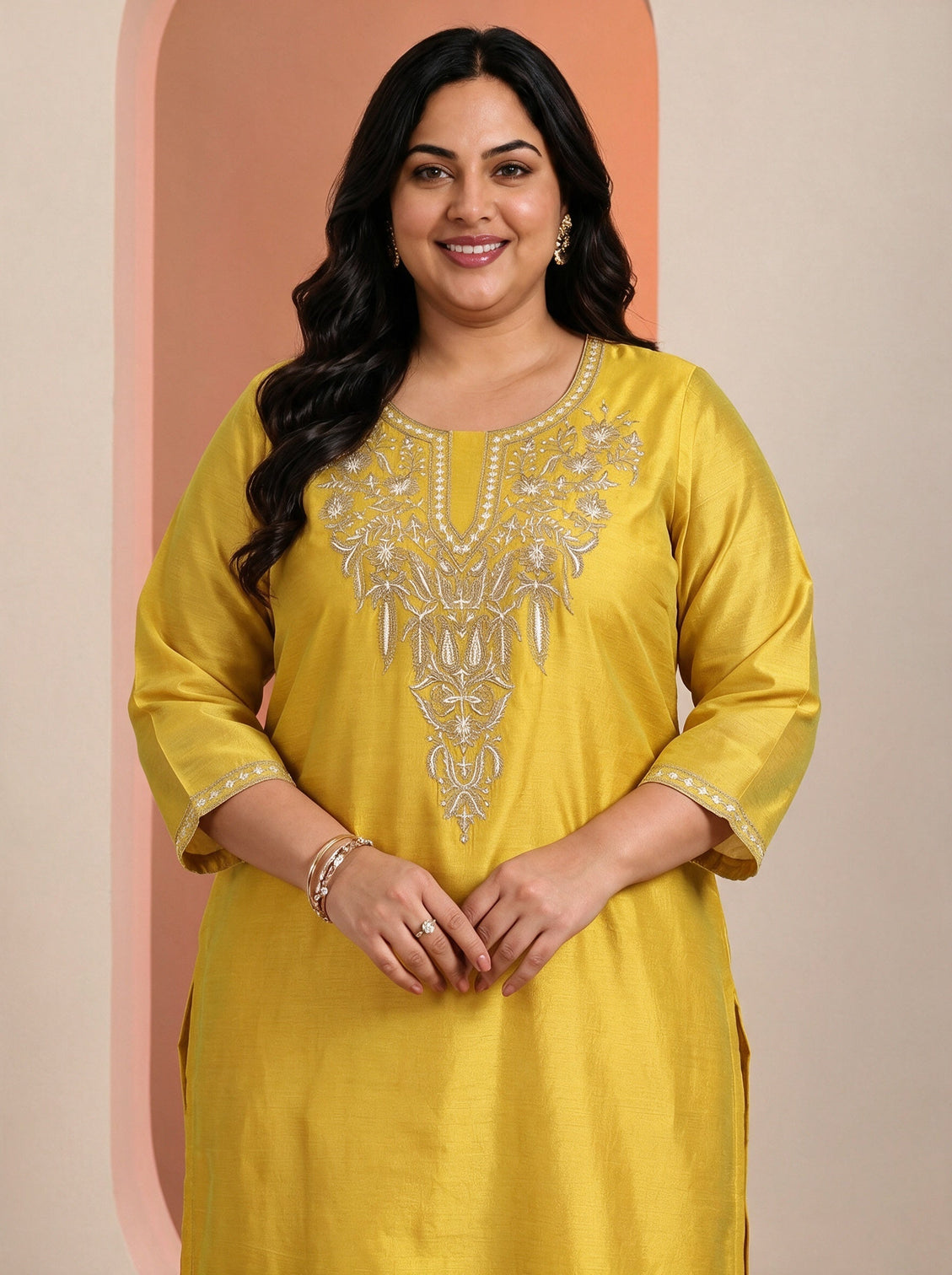 Plus Size Mustard Embroidered Silk Blend Straight Kurta