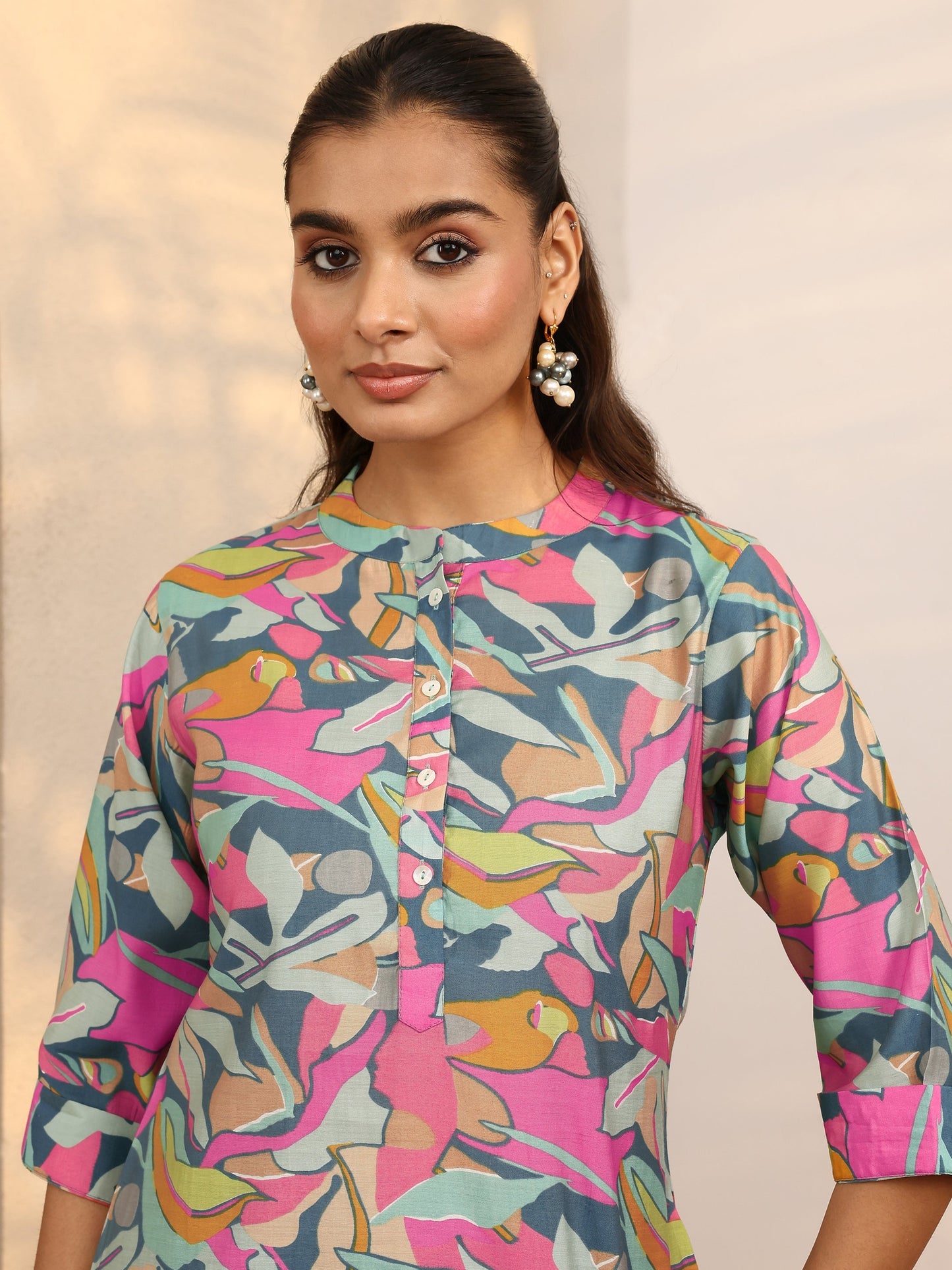 Libas Multicolor Floral Printed Silk Blend Straight Short Kurti