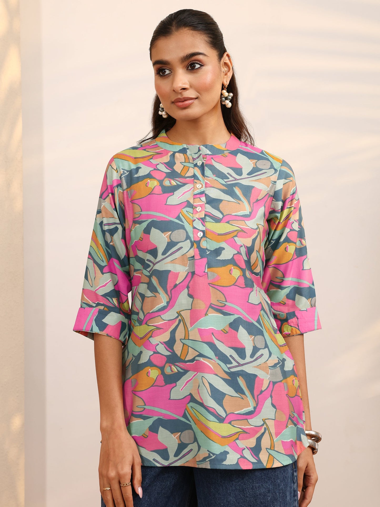 Libas Multicolor Floral Printed Silk Blend Straight Short Kurti