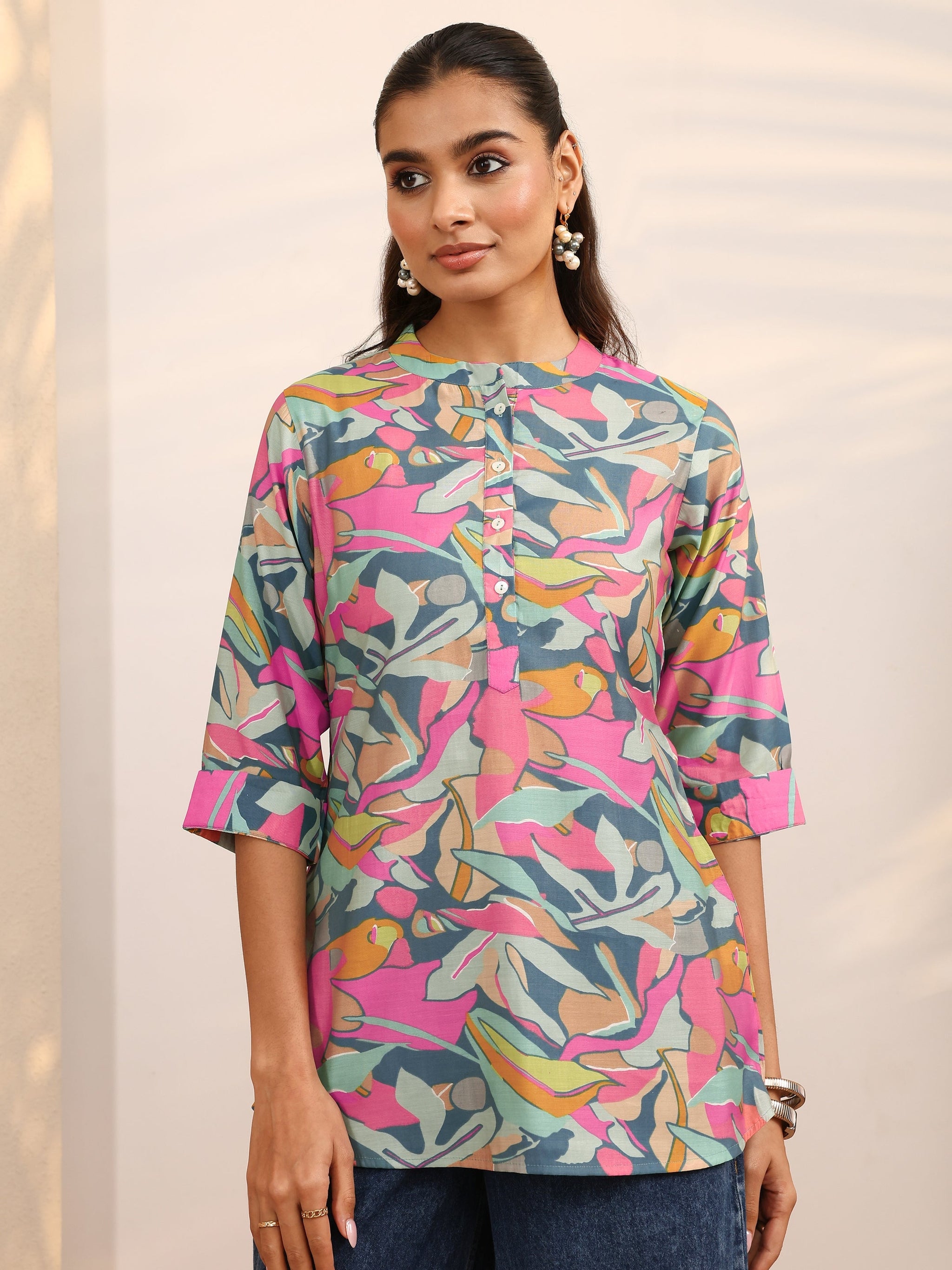 Libas Multicolor Floral Printed Silk Blend Straight Short Kurti