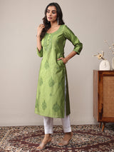 Libas Green Floral Embroidered Chanderi Silk Straight Kurta