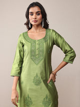 Libas Green Floral Embroidered Chanderi Silk Straight Kurta