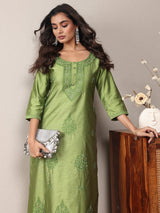 Libas Green Floral Embroidered Chanderi Silk Straight Kurta