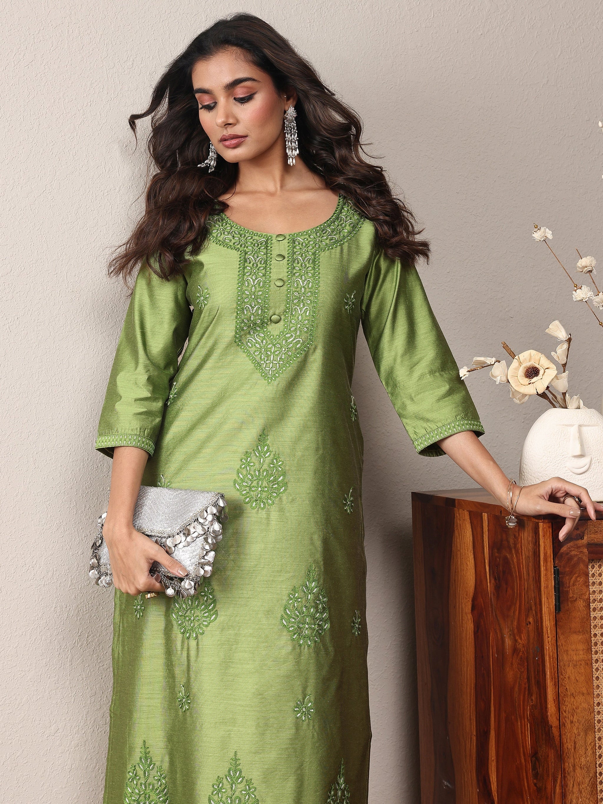 Libas Green Floral Embroidered Chanderi Silk Straight Kurta