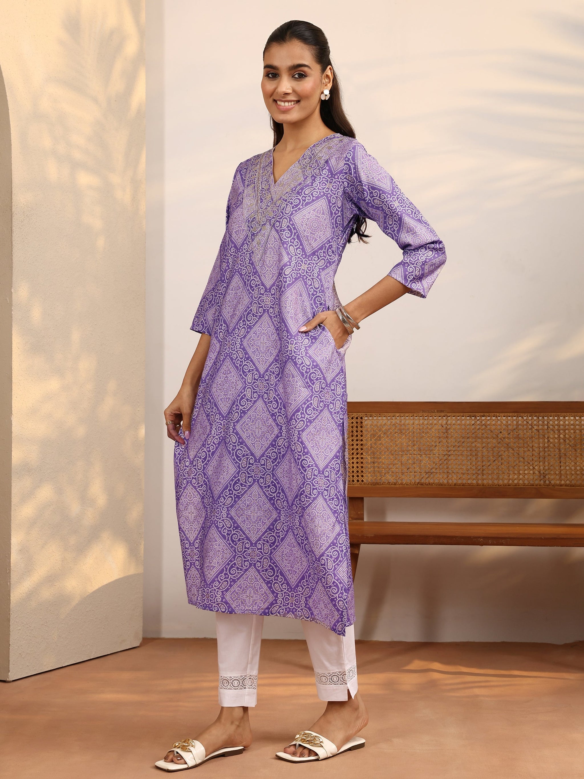 Libas Lavender Bandhani Printed Silk Blend Straight Kurta