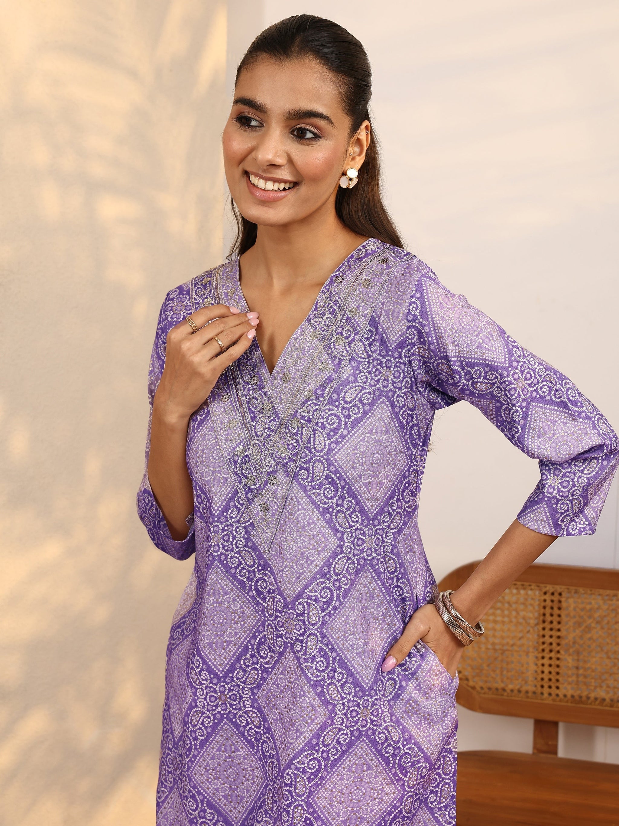 Libas Lavender Bandhani Printed Silk Blend Straight Kurta