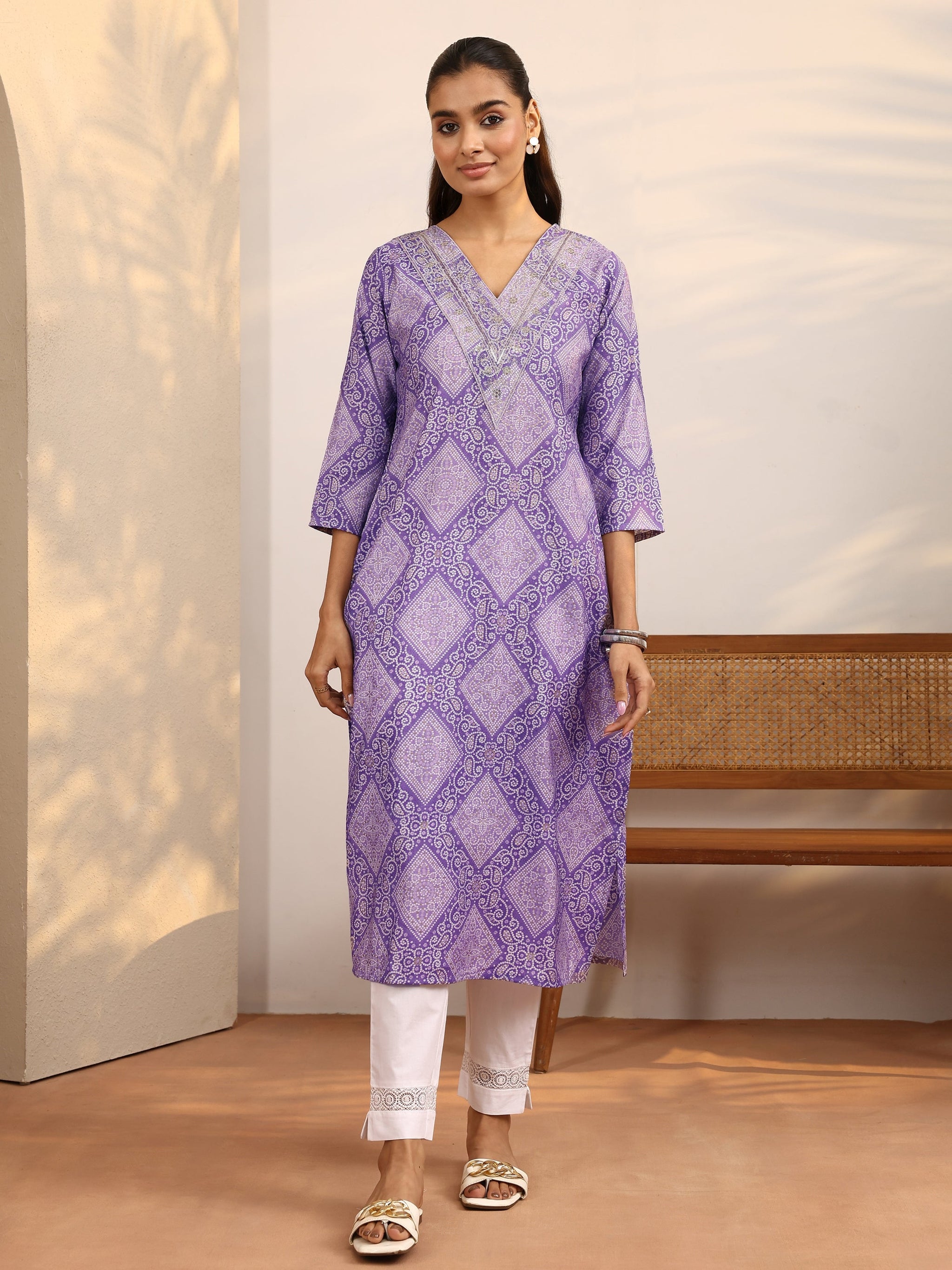 Libas Lavender Bandhani Printed Silk Blend Straight Kurta
