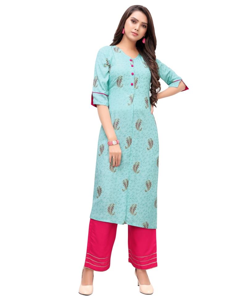 Turquoise Blue Foil Printed Rayon Kurti