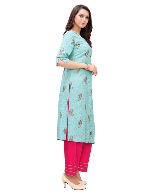 Turquoise Blue Foil Printed Rayon Kurti