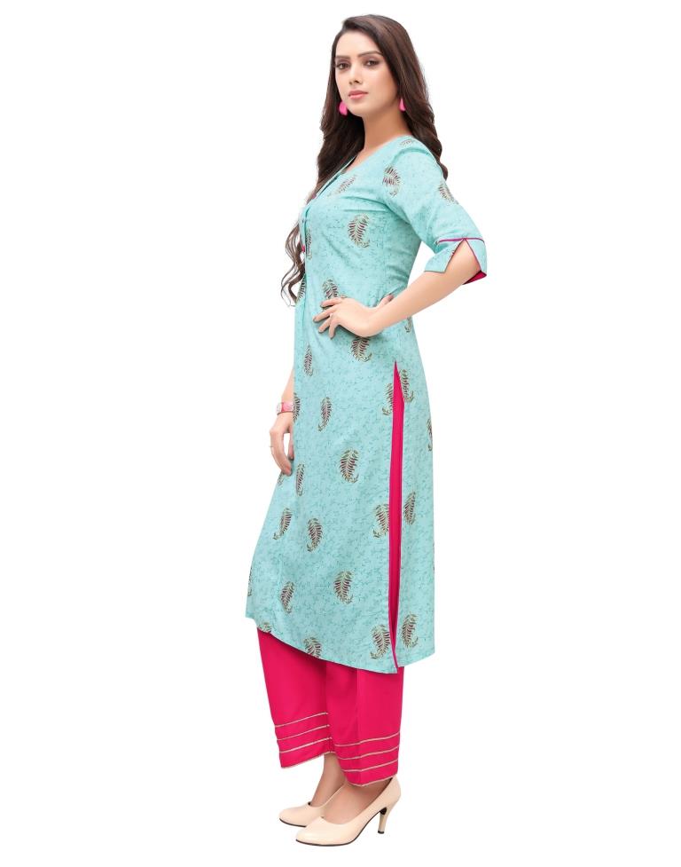 Turquoise Blue Foil Printed Rayon Kurti