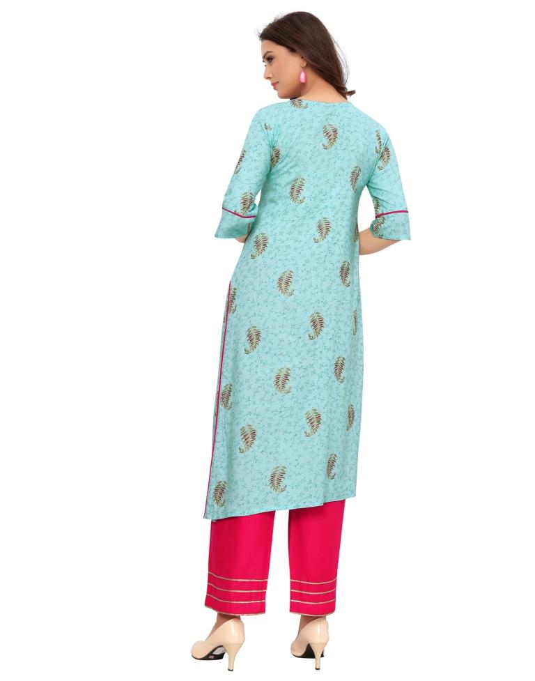 Turquoise Blue Foil Printed Rayon Kurti