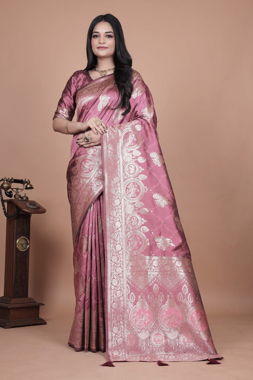 Regal Pink Banarasi Silk Saree with Detailed Zari Work and Peacock Design