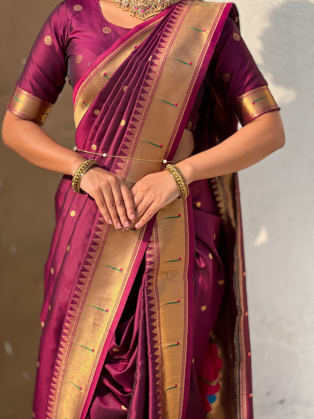 Wine wedding special nauvari paithani soft silk saree with zari woven polka motifs and peacock pallu