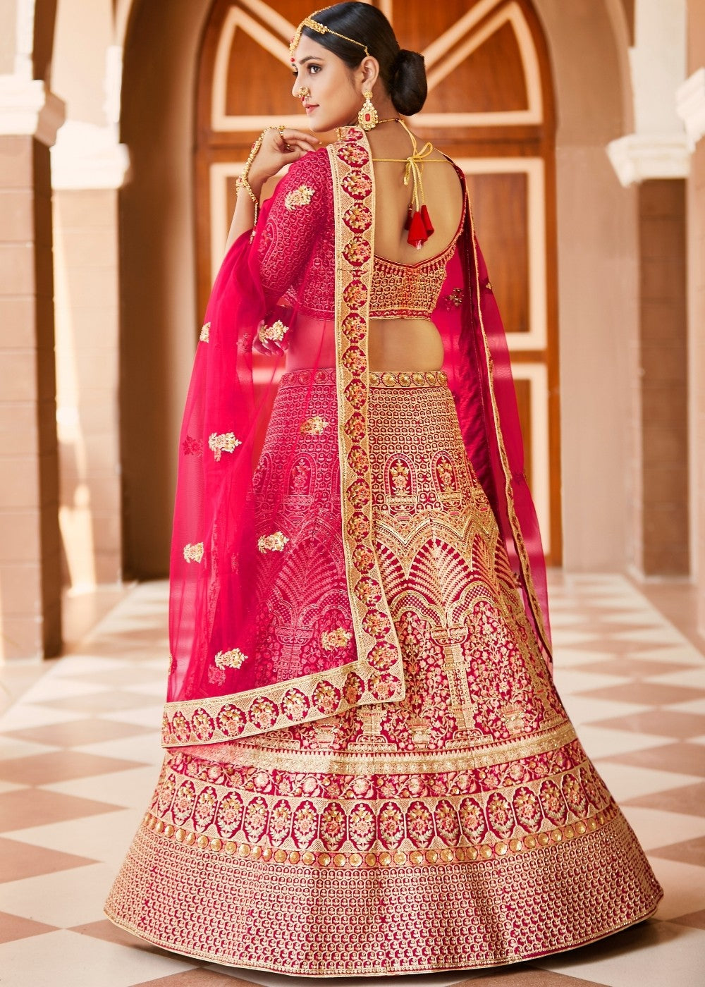 Rose Pink Velvet Bridal Lehenga Choli with Embroidery & Hand work
