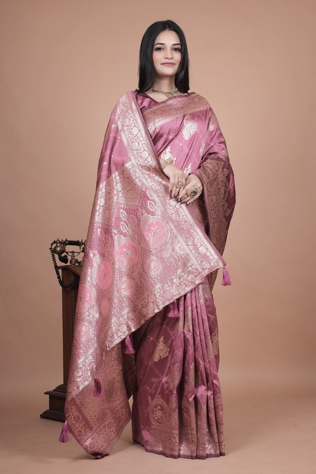 Regal Pink Banarasi Silk Saree with Detailed Zari Work and Peacock Design