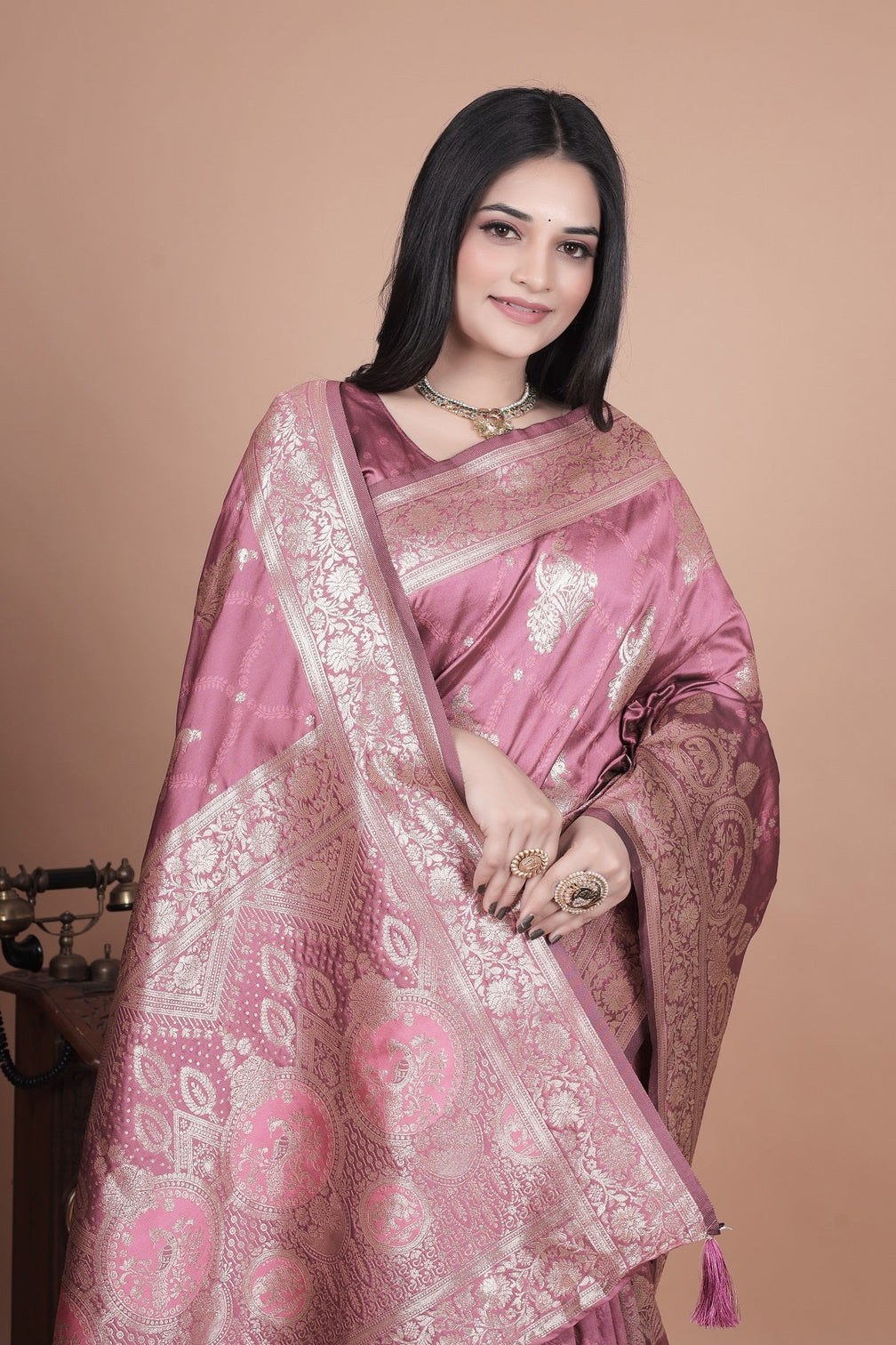 Regal Pink Banarasi Silk Saree with Detailed Zari Work and Peacock Design