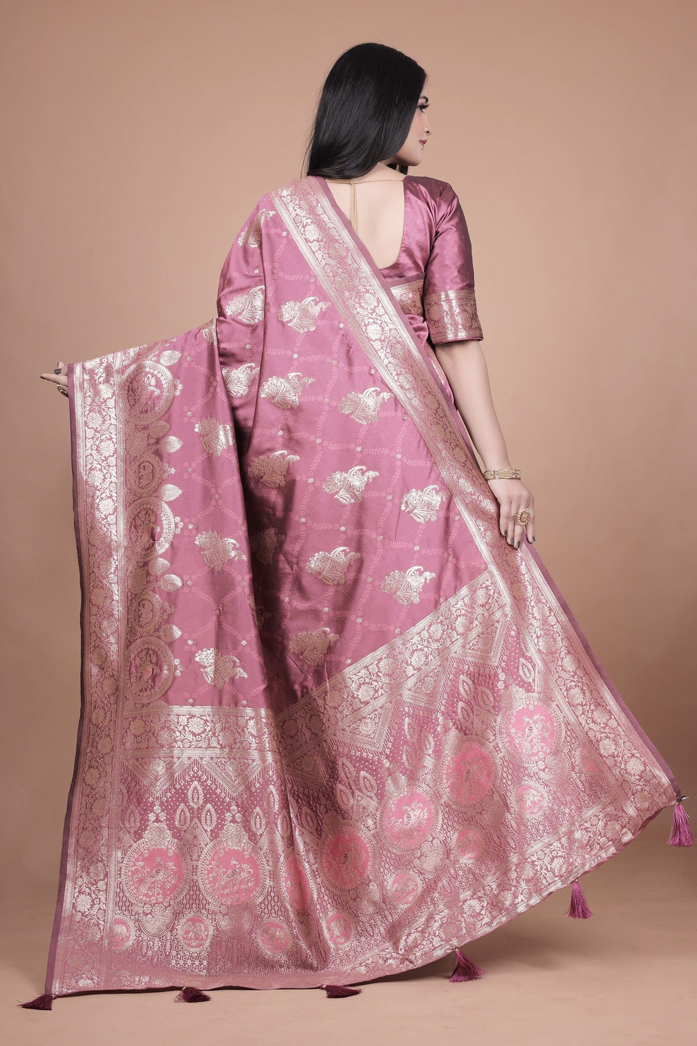 Regal Pink Banarasi Silk Saree with Detailed Zari Work and Peacock Design