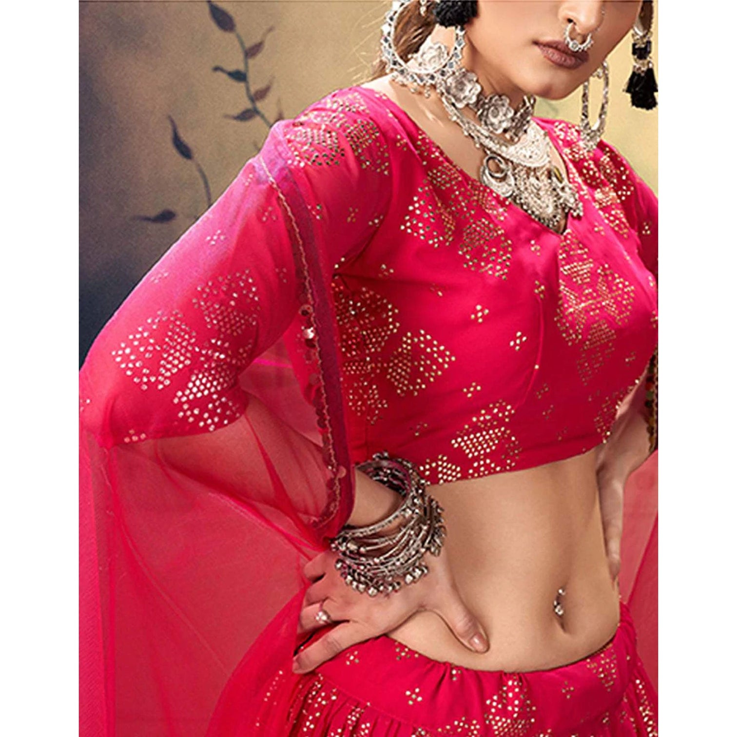 Red Ribbon Georgette Fabrics Lehenga choli