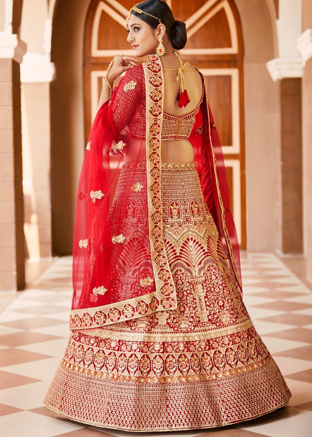 Crimson Red Velvet Bridal Lehenga Choli with Embroidery & Hand work