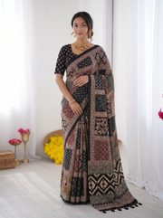 Black modal silk saree with tribal geometric print designer heritage pallu saree for festive wear mameraa