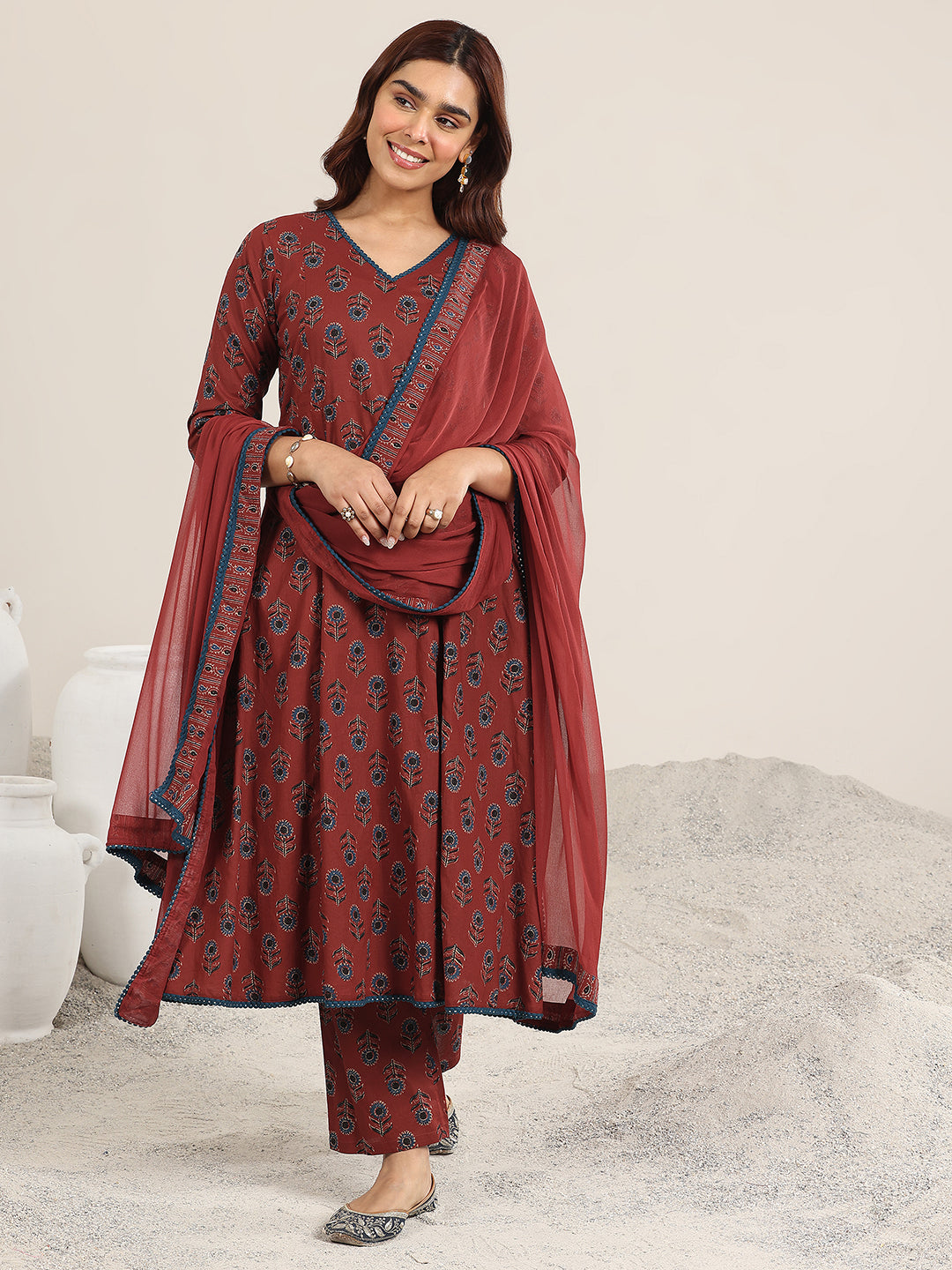 Mameraa Maroon Printed Cotton A-Line Suit With Dupatta
