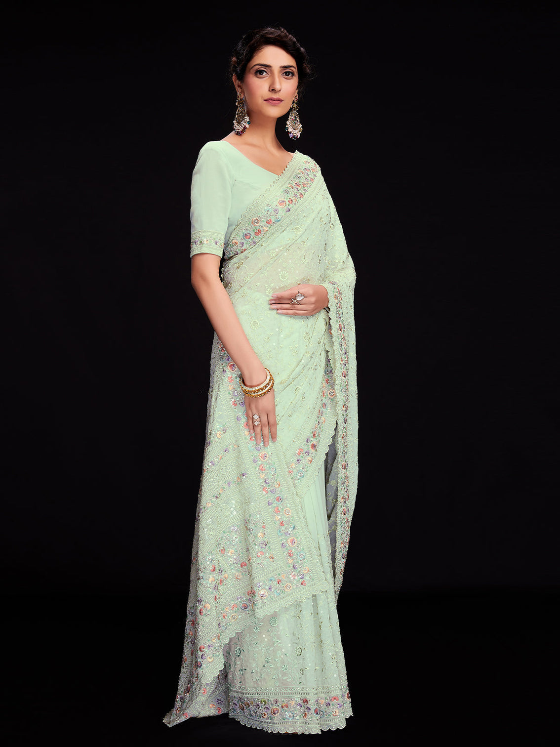 Sea Green Georgette Embroidered Saree With Unstitched Blouse