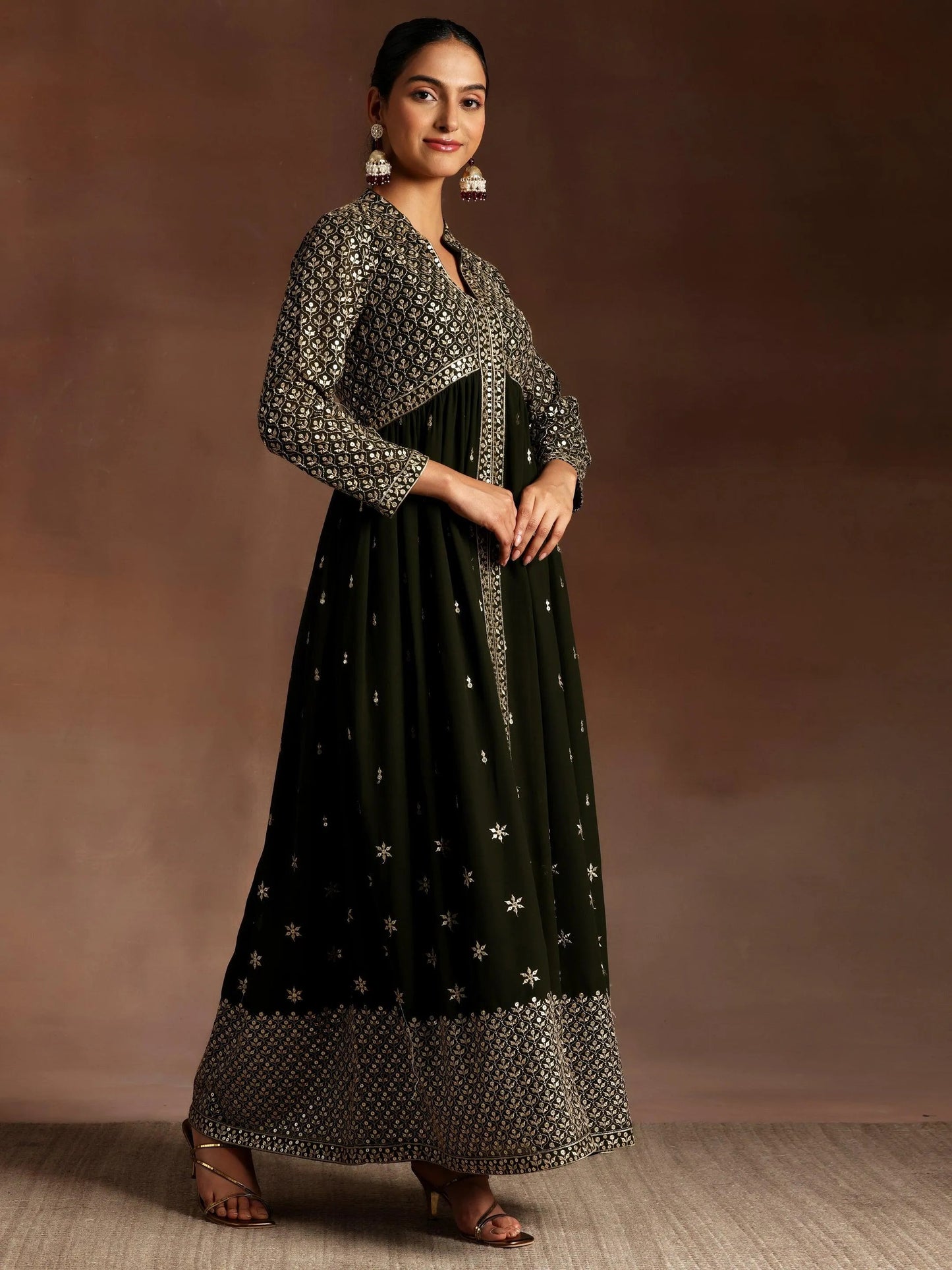 Libas Chandni Olive Embroidered Georgette A-Line Kurta With Trousers & Dupatta