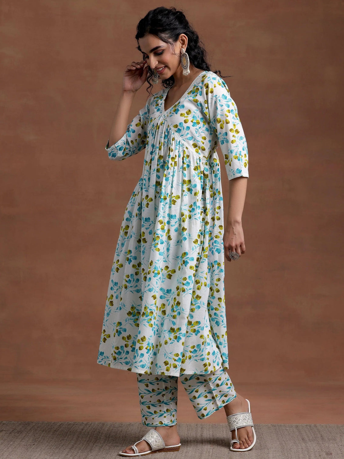 Mameraa Off White Printed Cotton A-Line Kurta With Palazzos & Dupatta