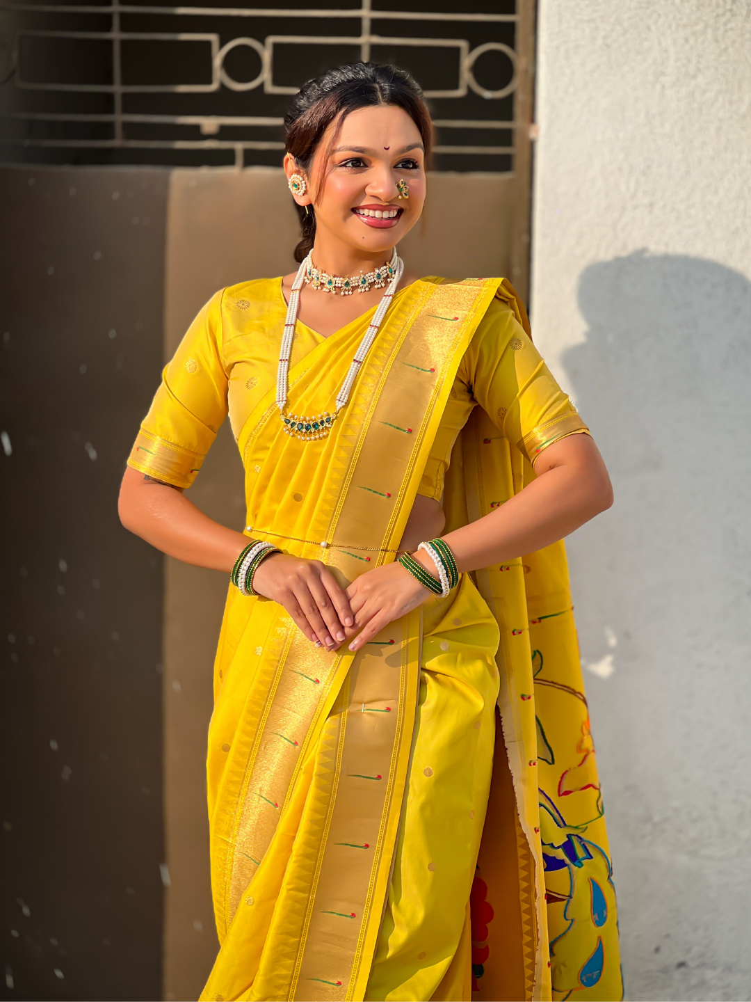 Yellow wedding special nauvari paithani soft silk saree with zari woven polka motifs and peacock pallu