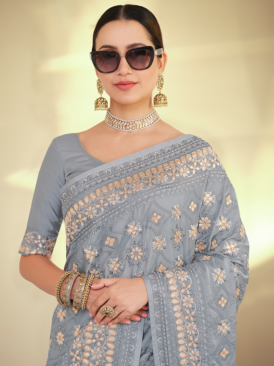 Grey Satin Georgette Saree With Unstitched Blouse