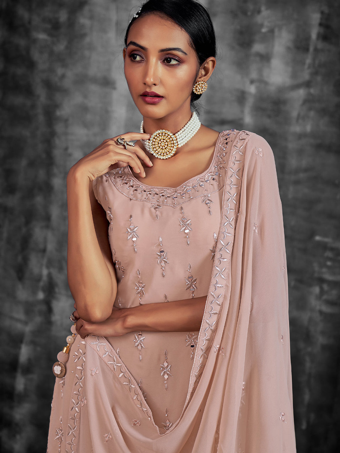 Beautiful Embroidered Peach Georgette Stitched Kurta Set