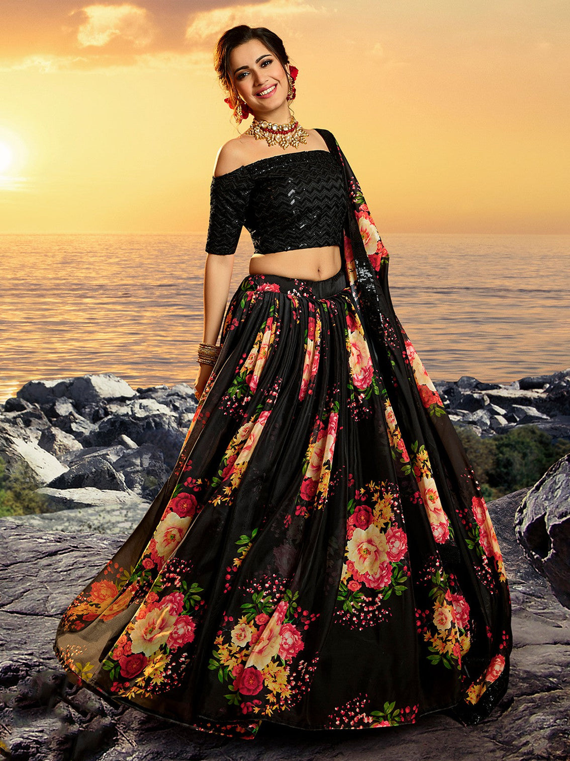 Black Classy Semi Stitched Lehenga With Unstitched Blouse