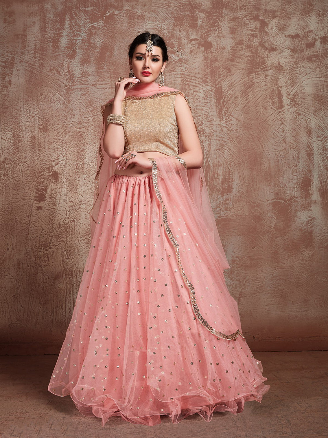 Peach Soft Net Sequins Semi Stitched Lehenga With Unstitched Blouse
