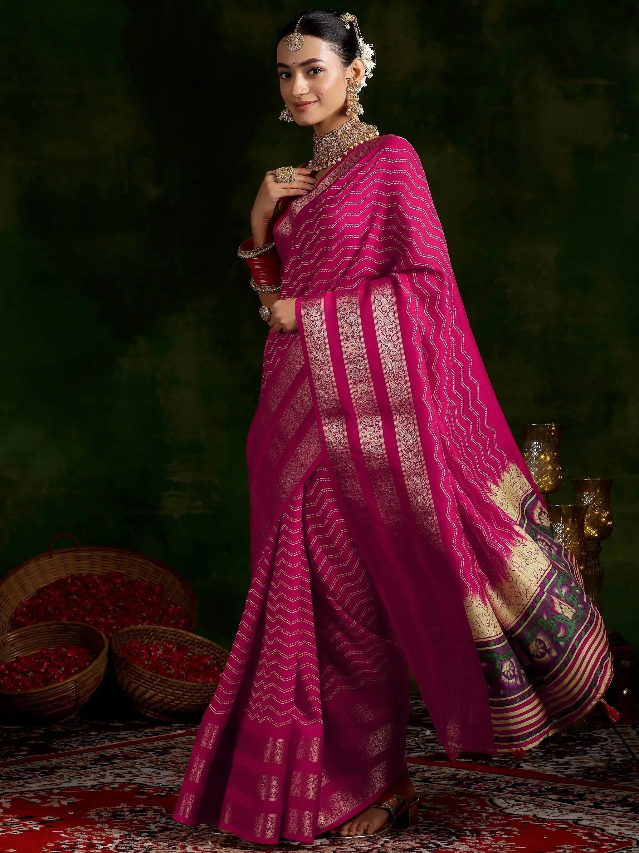 Libas Pink Printed Silk Blend Saree With Unstitched Blouse Piece