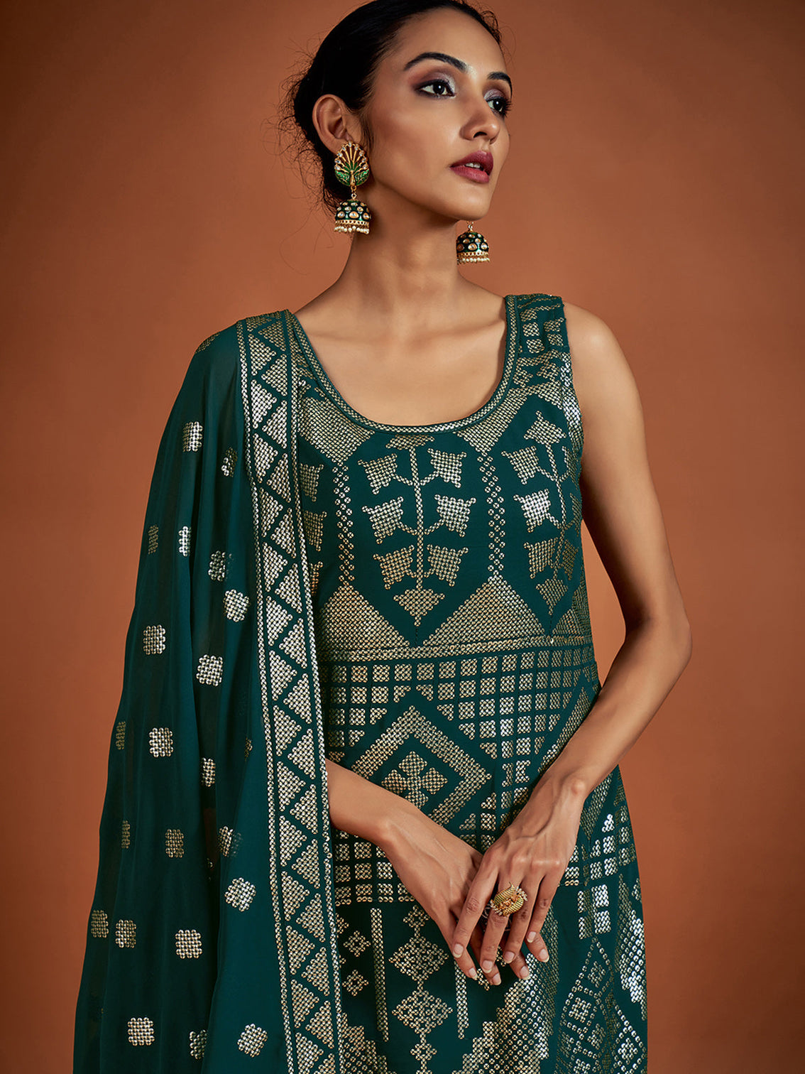 Teal Embroidered Georgette Partywear Stitched Kurta Set