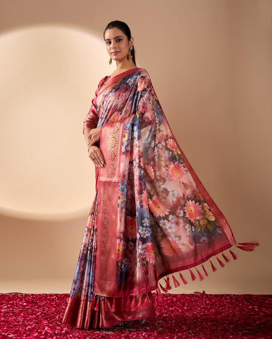 Premium Soft Silk Floral Printed Saree with Rich Rose Gold Zari Woven Border