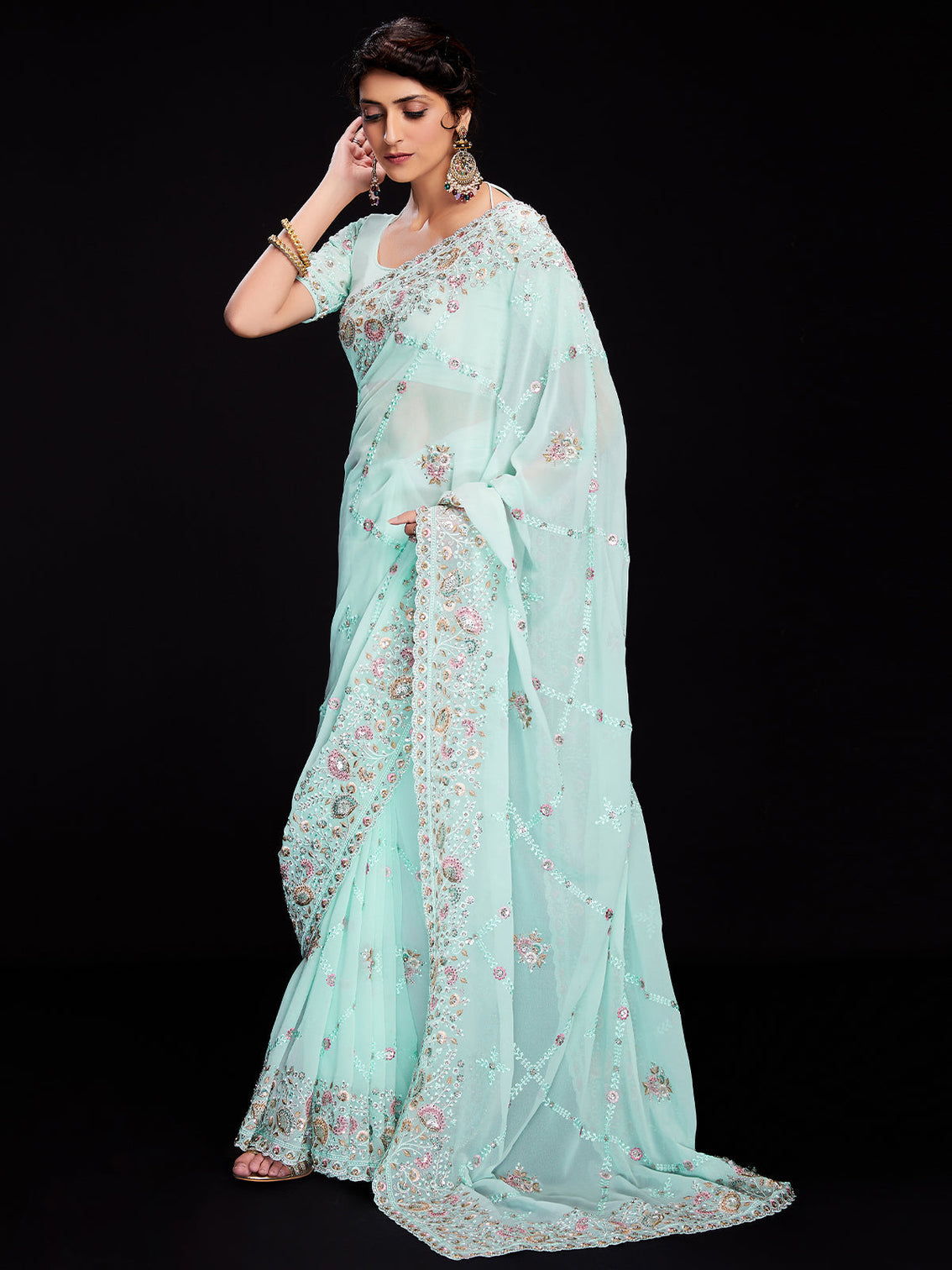 Blue Georgette Embroidered Saree With Unstitched Blouse