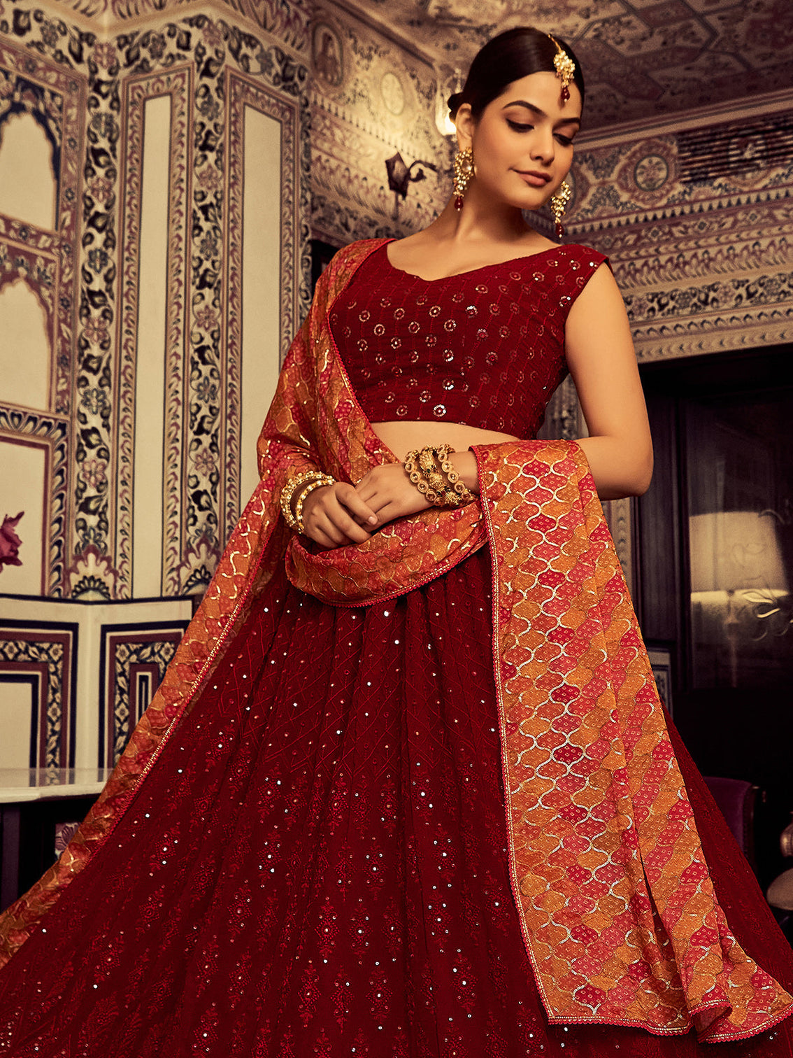 Stylish Maroon Embroidered Georgette Semi Stitched Lehenga With Blouse Piece