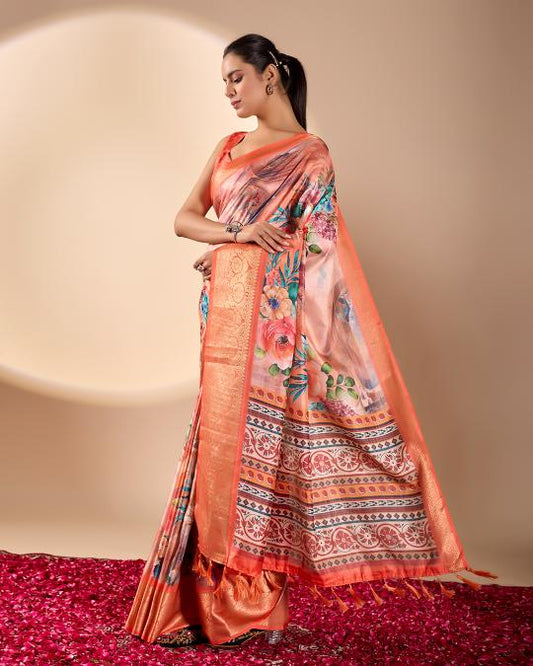 Women's Peach Pink Linen Silk Floral Printed Saree with Copper Zari Border & Designer Ethnic Pallu