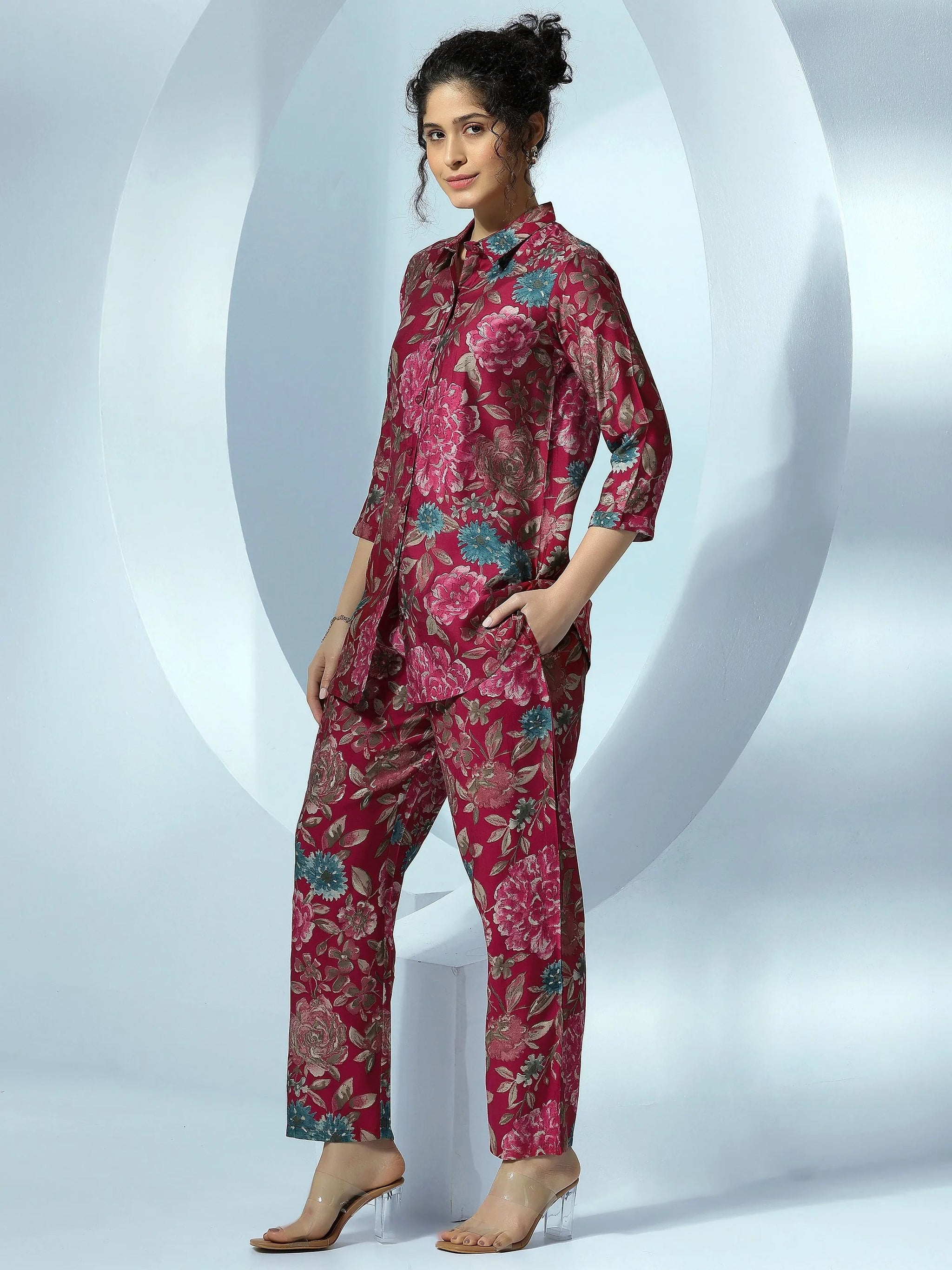 Libas Pink Printed Silk Blend Co-Ords