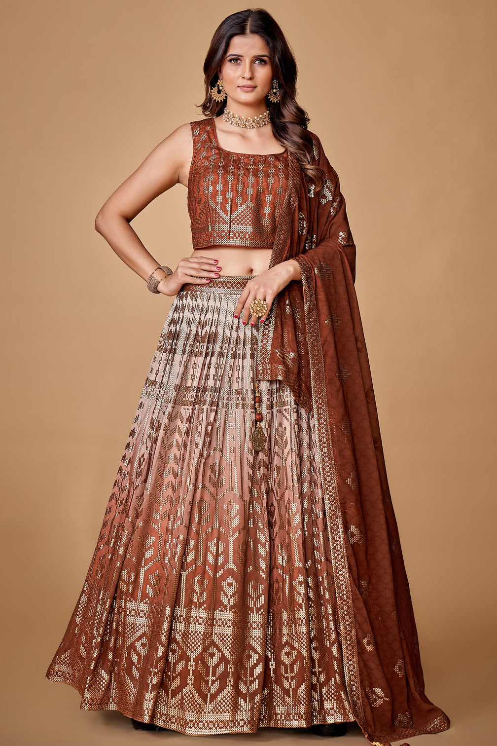 Brown Sequins Work Georgette Wedding Wear Lehenga Choli