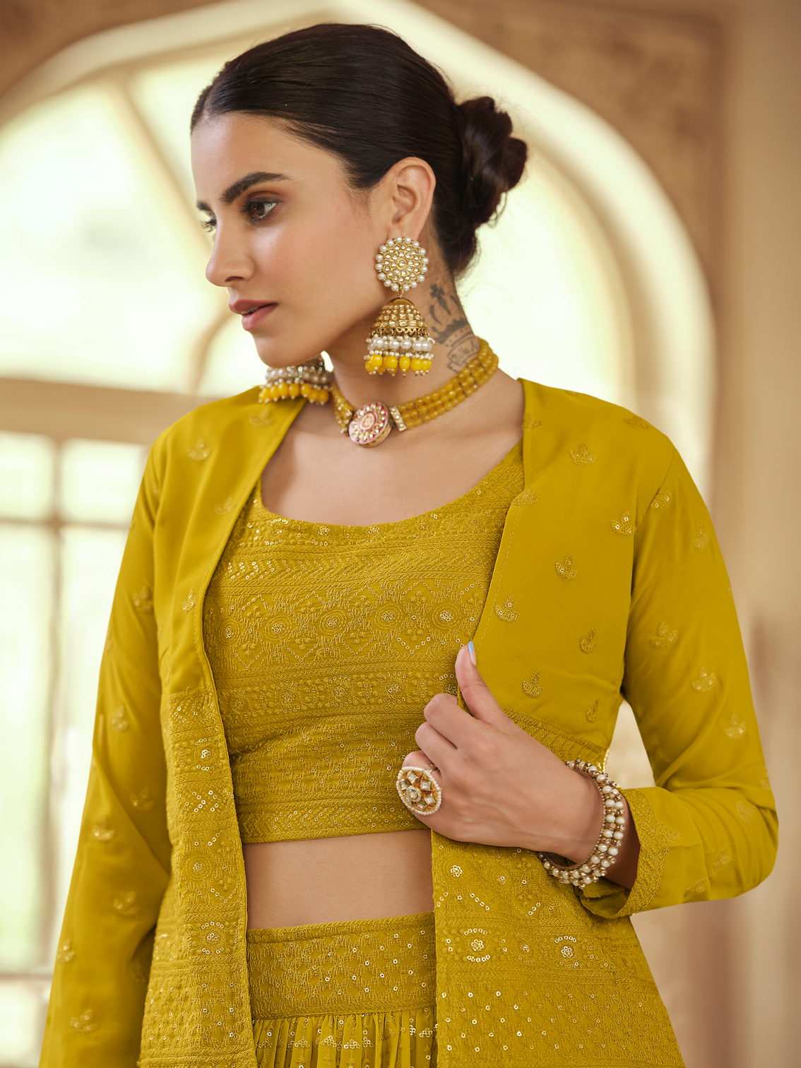 Mustard Embroidered Georgette Semi Stitched Lehenga With Unstitched Blouse