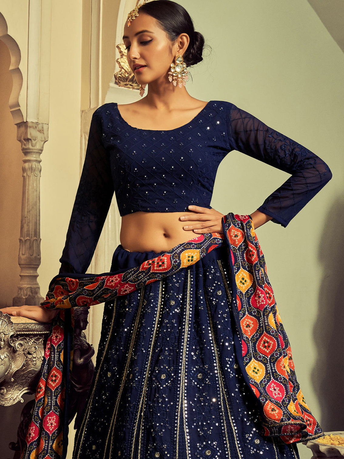 Beautiful Navy Blue Color Georgette Semi Stitched Lehenga With Blouse Piece