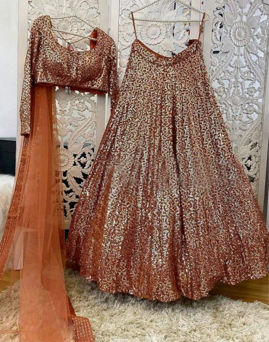 Lehenga Choli in Orange Color and Heavy Sequence Work