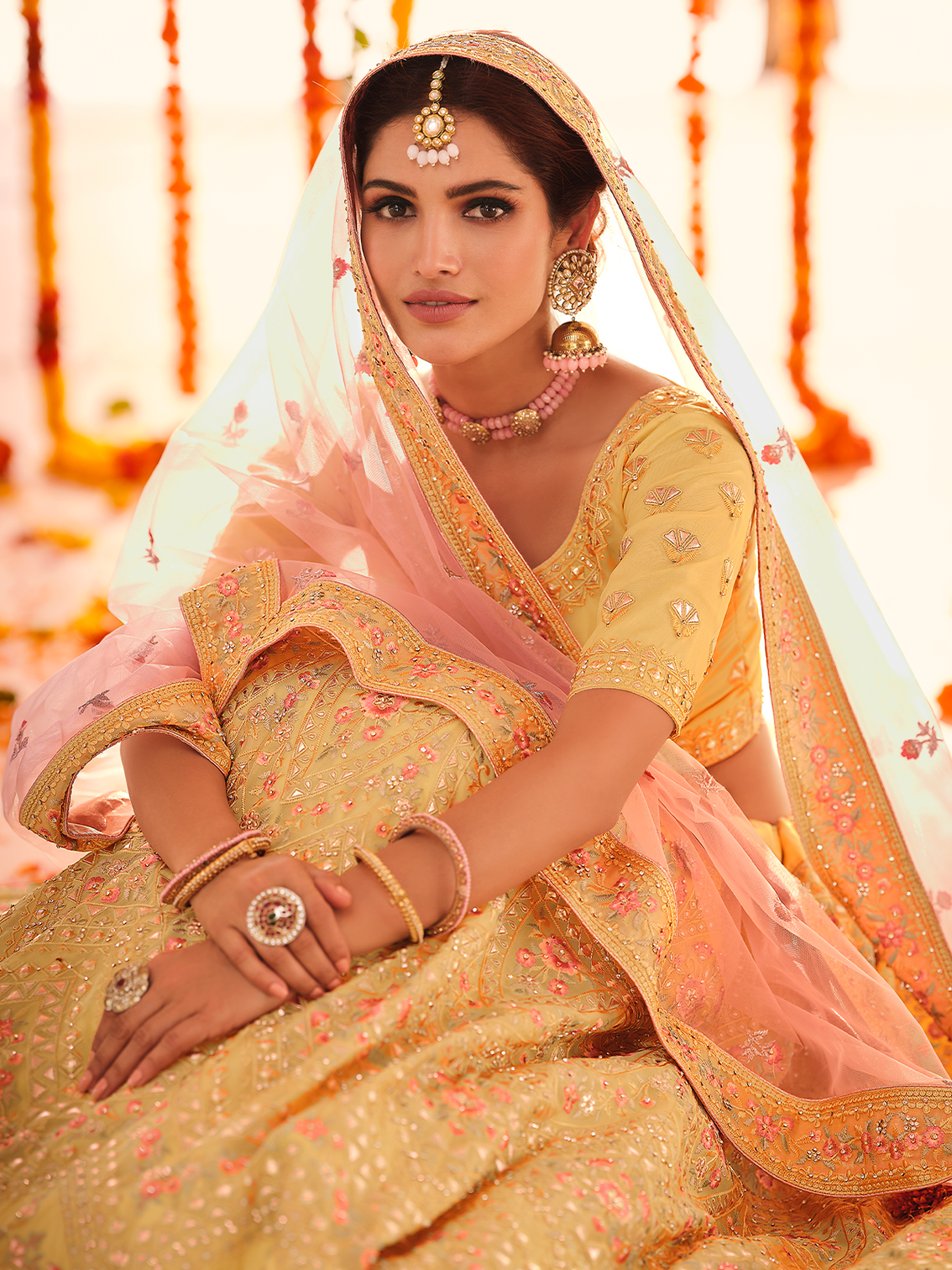 Yellow Embroidered Organza Semi Stitched Lehenga With Unstitched Blouse