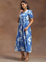 Libas Blue Printed Cotton Fit and Flare Dress