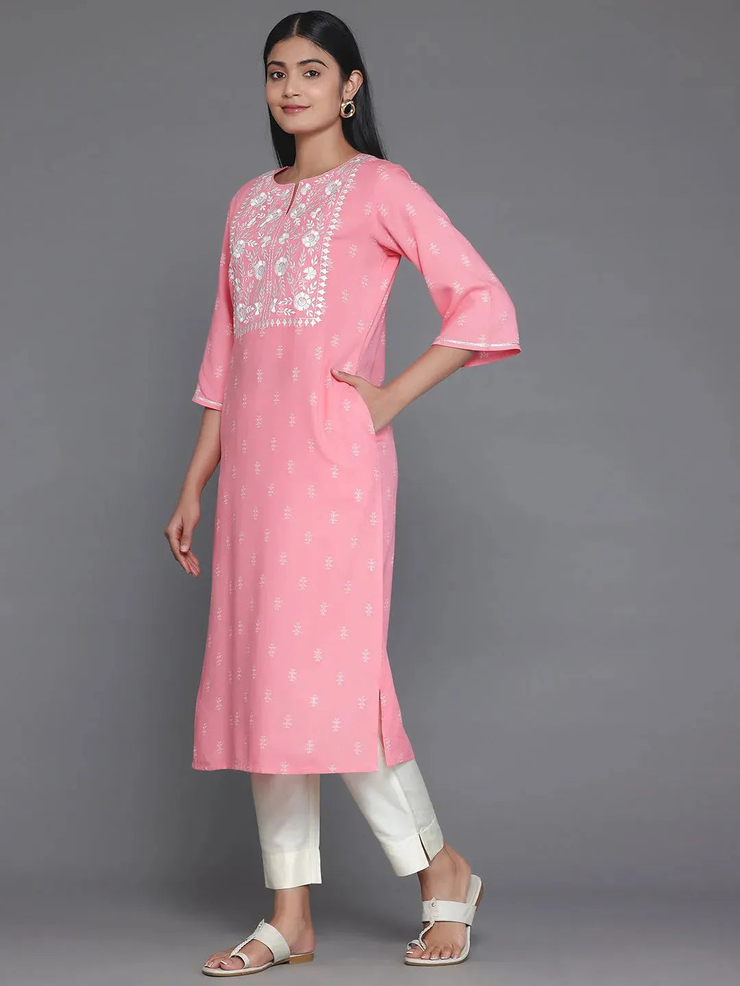 Libas Pink Yoke Design Rayon Straight Kurta