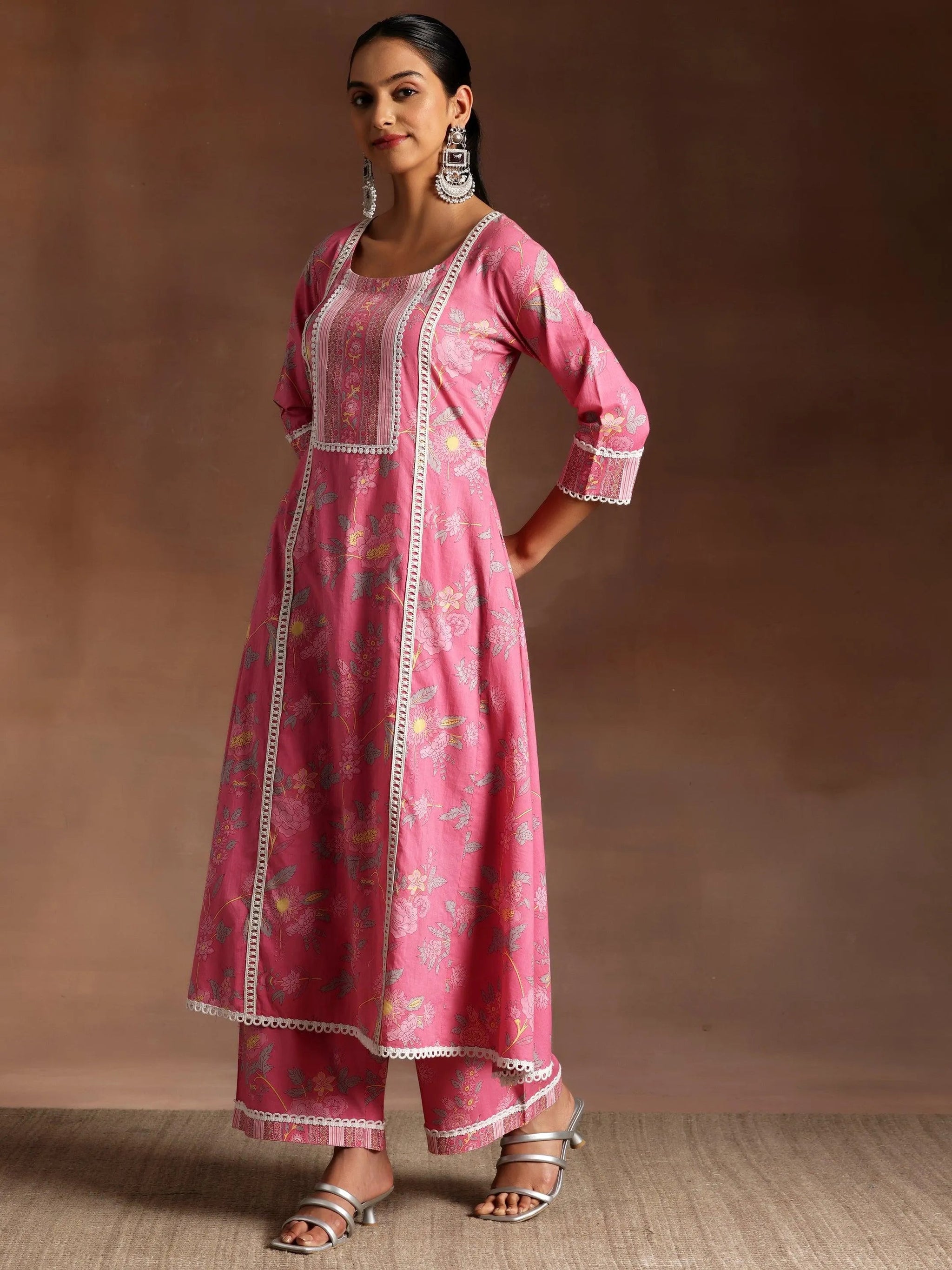 Libas Rukhsaar Pink Printed Cotton A-Line Kurta With Palazzos
